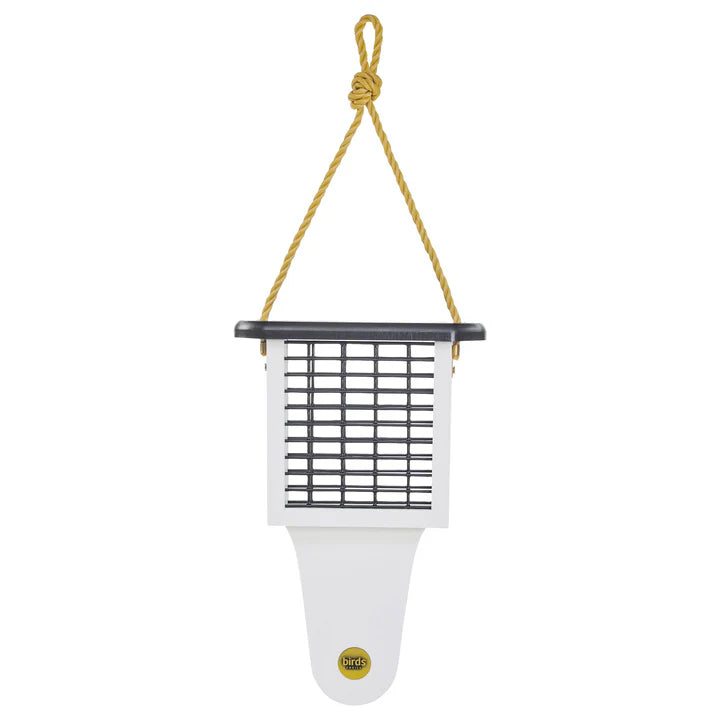 Modern Farmhouse Suet Feeder with Tail Prop, showcasing a sleek design with black bars, ideal for woodpeckers, featuring a top-lifting roof for easy suet refills.