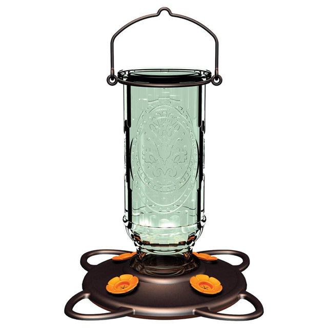 Oriole Vintage Feeder with vintage glass bottle, burnt penny finish, orange bee guards, metal hanger, and four feeding stations for easy nectar access.