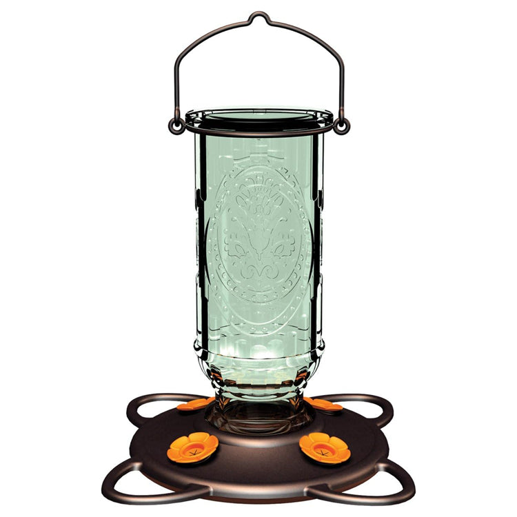 Oriole Vintage Feeder with vintage glass bottle, burnt penny finish, orange bee guards, metal hanger, and four feeding stations for easy nectar access.