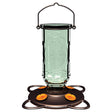 Oriole Vintage Feeder with vintage glass bottle, burnt penny finish, orange bee guards, metal hanger, and four feeding stations for easy nectar access.